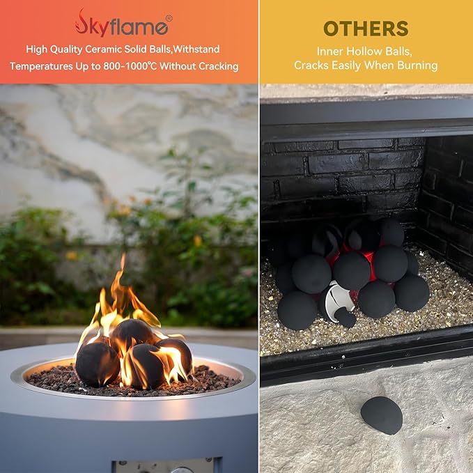 Skyflame Ceramic Fireplace Balls, Set of 6 Round Fire Stones Set for Indoor and Outdoor Fire Pits or Fireplaces Accessory, 5 Inch, Black