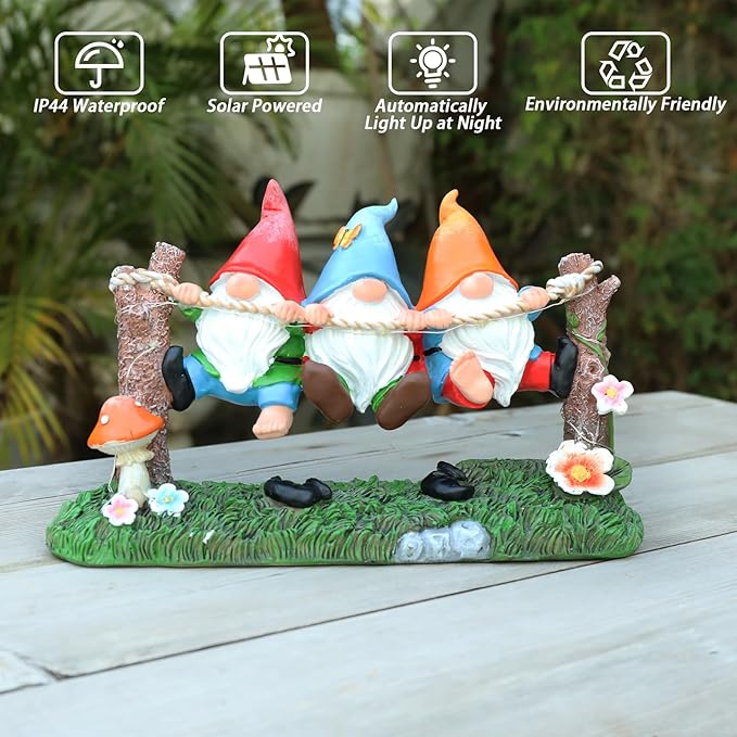 Garden Gnome Statue, Solar Swing Gnomes Figurine with Flowers and Mushrooms, Waterproof Resin Outdoor Decor for Patio Lawn Yard Home Tabletop Decoration