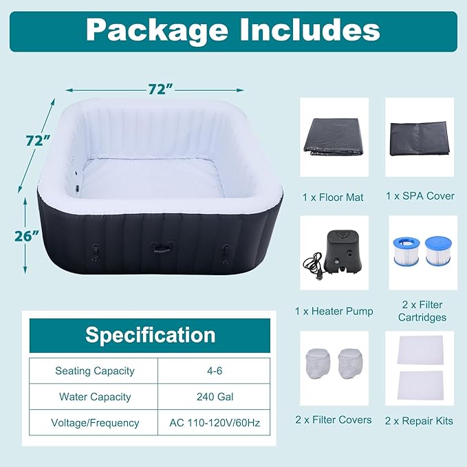 73"X73"X25" Hottub, 4-6 Person Inflatable Hot Tub, Portable Blow Up Hot Tub Square Portable Outdoor Spa with 130 Bubble Jets and Heater Pump, Filter