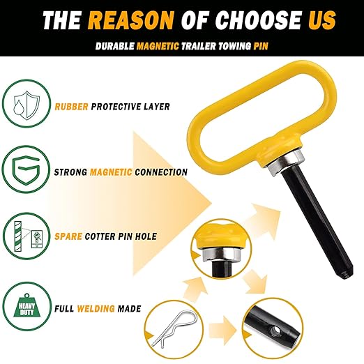 2 Packs Magnetic Hitch Pin, Lawn Mower Trailer Hitch Pins 1/2 Inch with Handle and Clip, Trailer Gate Pin for Mowers, Tractor Truck, Towing Cargo, ATV - Simple One Handed Hook On & Off（Yellow