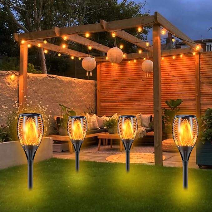Upgraded Larger Solar Torch Lights, 43" Flickering Flame Solar Lights, Waterproof Outdoor Solar Landscape Decoration Lighting 96 LED Auto On/Off Garden Patio Yard Pathway,Black 4 Pack (4)