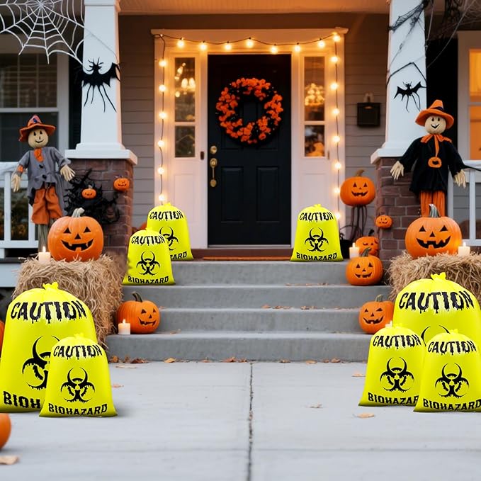 12 Pcs Large Halloween Leaf Bags Biohazard Halloween Decorations Halloween Trash Bags for Leaves Plastic Yard Lawn Waste Bag Scientist Biohazard Bag Outdoor Biohazard Zombie Party Decorations (Yellow)