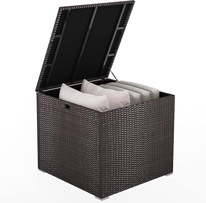 HAPPYGRILL Outdoor Storage Deck Box, 72 Gallon Square Wicker Patio Rattan Storage Container with Zippered Liner & Safe Pneumatic Rod, Outdoor Wicker Deck Box for Garden Tools Cushions