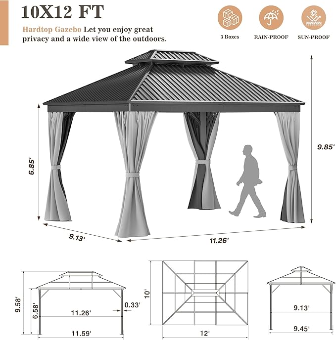 WKM 10x12 FT Hardtop Gazebo with Heavy Duty Galvanized Steel Double Roof, Aluminum Frame Permanent Pavilion with Curtains and Netting, Outside Canopy Gazebo for Patio, Deck and Backyard, Grey