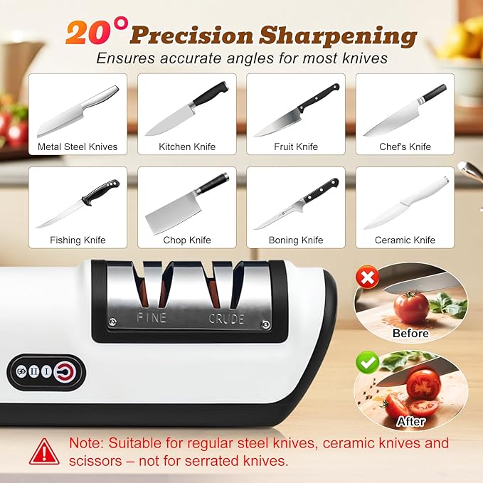 Rechargeable Electric Knife Sharpener, Compact Cordless Knife Sharpener with Diamonds for Steel Knives and Fruit Knife, 2 Stage Automatic Knife Sharpening Helps Restore & Polish Blades Quickly