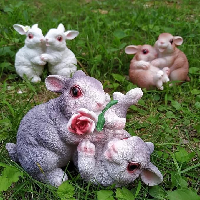 Garden Statues Bunny Decor Resin Flower Rabbit Figurine Cute Fairy Garden Decor Outdoor Statues for Patio Yard Porch Balcony Gifts for Women Mom Grandma Grey