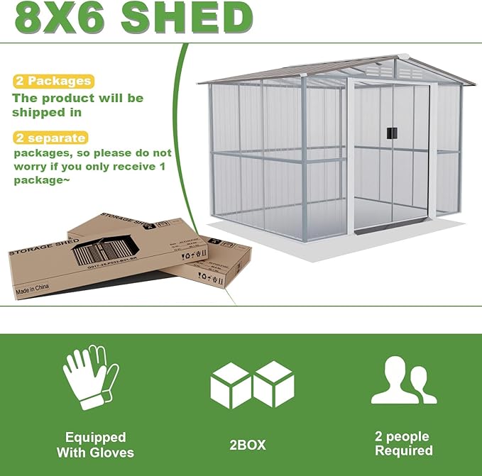 Gotland 8FT x 6FT Sheds & Outdoor Storage, Metal Shed with Sloped Steps Waterproof Sloped Roof, Storage Shed with 2 Lockable Slide Doors, Outdoor Shed for Backyard Patio Lawn Brown