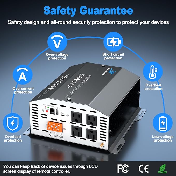 1500 Watt Pure Sine Wave Inverter 12v DC to 110v 120v AC Converter,3000W Peak Power Inverter with 4 AC Outlets,USB Port,Type-C,Remote Control LCD Display for Truck, RV, Vehicles, Solar Off-Grid