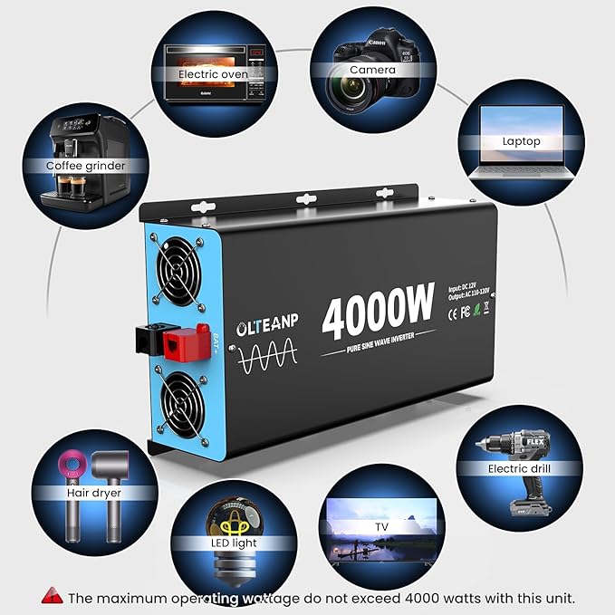 New Upgraded 4000 Watts Pure Sine Wave Inverter, 12V DC to 110V AC Power Inverter with 4 AC Outlets, USB Port, Type-C Port for Truck, Vehicle, Power Outage, Remote Control with LCD Screen