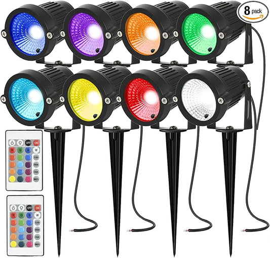 Low Voltage Landscape Lights Color Changing RGB 5W DC12V LED Landscape Lighting Outdoor Waterproof Spotlight Remote Control for Garden Pathway Christmas Decorative Light(8, Multi-Colored)