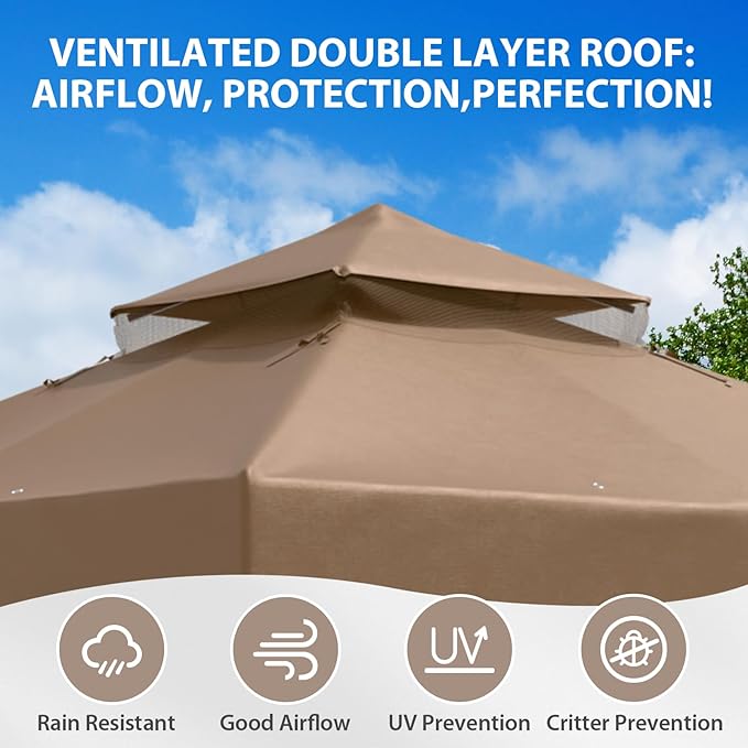 EAGLE PEAK 8x8 Patio Gazebo with Mesh Netting, Double Roof Outdoor Pavilion with Corner Shelves for Lawn, Deck, Garden and Backyard, Brown