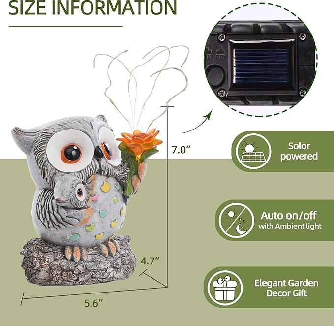 Solar Garden Statues Outdoor Decor, Fairy Owl Statue Garden Decor, Resin Yard Decorations Outdoor for Patio, Porch, Balcony, Lawn Ornaments, House Warming Birthday Gifts for Mom Women Grandma