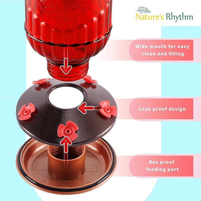 Nature's Rhythm Bird Feeder Vintage Red Antique Glass Bottle Hummingbird Feeder 5 Feeding Ports and 23-Ounce Nectar Capacity Per Feeder