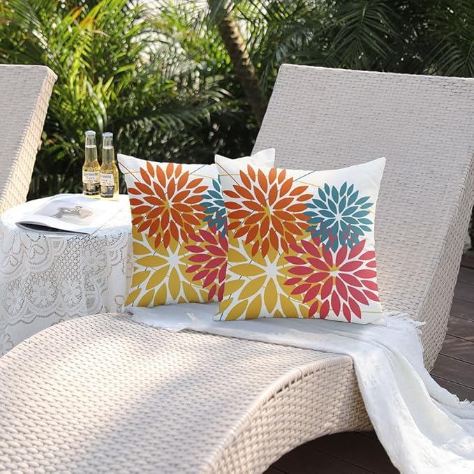 DFXSZ Outdoor Pillow Covers 20x20 Inch Set of 2 Orange Yellow Red Flower Decorative Waterproof Fall Summer Outdoor Pillow Covers for Patio Funiture Garden Couch 168G20