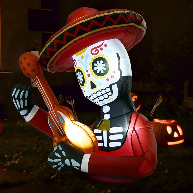 WBHome 4 Ft Halloween Inflatable Outdoor Skull Guitar Decorations, Day of The Dead Blow Up Yard Decor with Built-in LED Light (Plug in) for Lawn Home Dia de Los Muertos Party Indoor Outdoor