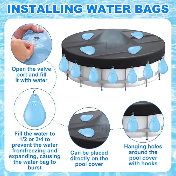 Hungdao 4ft Pool Pillow Cover for Above Ground with 12 Pcs Inflatable Pool Cover Weight with Hook Winter Ice Antifreezing Hanging Bag with Rope and Connection Buckle(Sky Blue,4ft,Round)