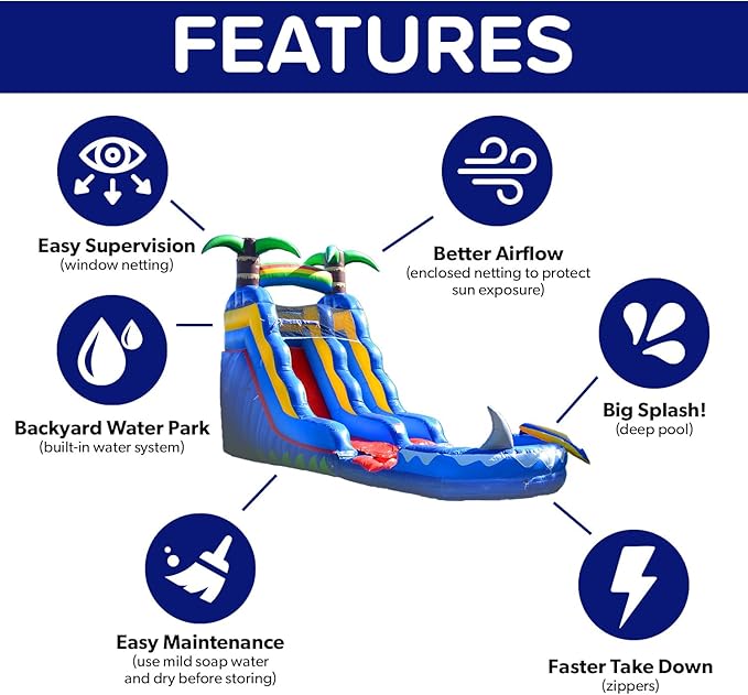 HeroKiddo 15’ Ocean Shark Commercial Grade Lightweight Premium Water Slide with Detachable Pool for Kids and Adults (with Blower), Wet Dry Combo, Big Inflatable, Outdoor Indoor, Birthday Party Rental