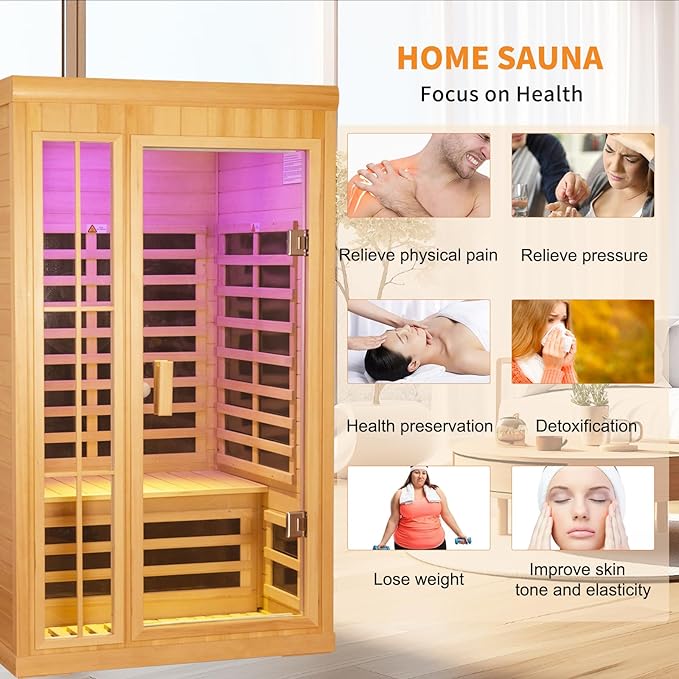 1 to 2 Person Infrared Sauna,Hemlock Wood Low EMF FAR Dry Sauna Indoor Saunas for The Home Remote Control, with Colored Lights 1350W,Room:75.59 * 35.82 * 40Inch