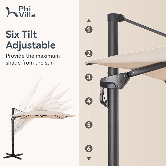 PHI VILLA 9'x12' Outdoor Patio Deck Umbrella with Base. 360° Rotation & 6-Level Tilt with Easy Crank Handle. Rectangle Offset Cantilever Umbrella Heavy Duty for Garden Poolside Backyard (Beige)