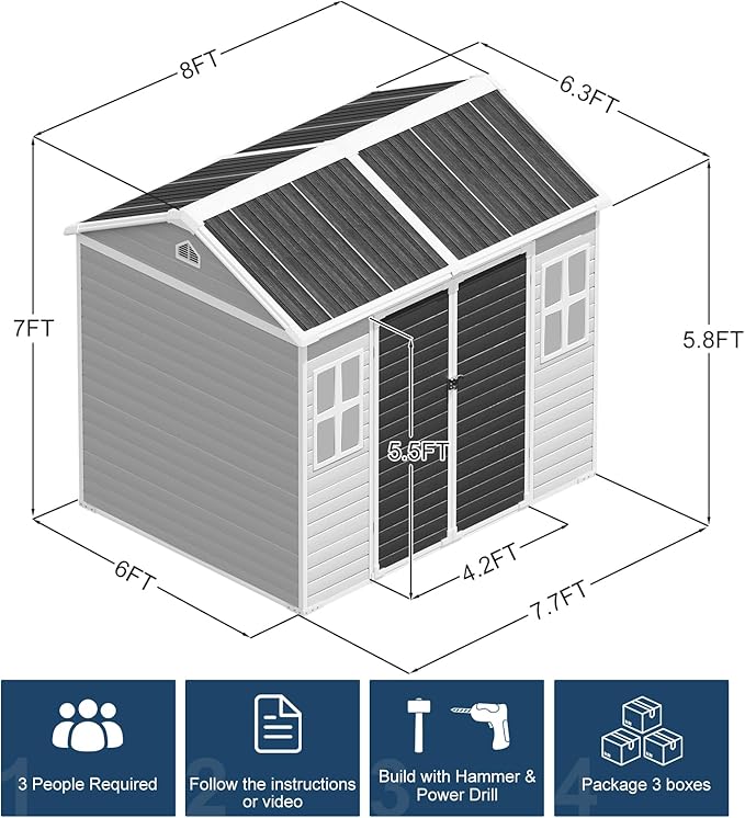 8x6 FT Resin Storage Sheds with Floor Windows Inlcuded, Waterproof Plastic Outdoor Shed Kit, Large Outside Tools Sheds for Backyard Garden Patio Lawn