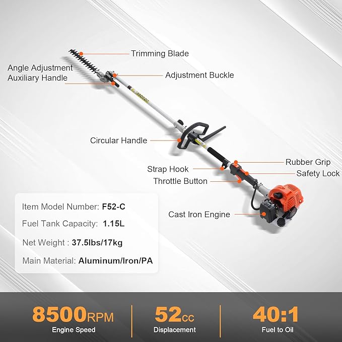 VEVOR 52cc Gas-Powered 6-in-1 Multi-Functional Trimmer - Hedge Trimmer, Brush Cutter, Weed Eater, Edger, Pole Saw & Chainsaw Pruner, EPA, CE & EMC Certified