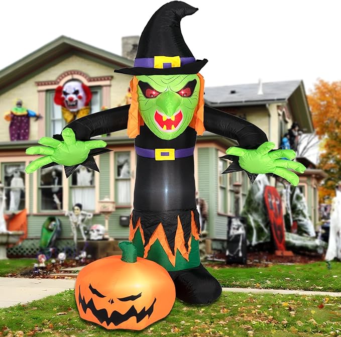 ININ 8FT Halloween Inflatable Witch Decorations Outdoor Built-in LED Lights,Halloween Blow Up Yard Decorations,Scary Party Decorations,Haunted House Decor,for Yard/Lawn/Garden.