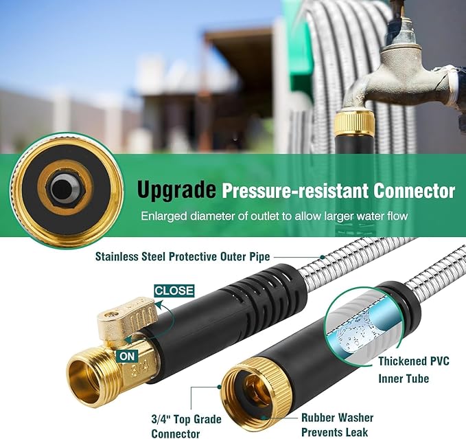 150FT Metal Garden Hose 304 Stainless Steel Flexible Water Hose - No Kink & Tangle Heavy Duty Pipe with Nozzle, Durable 3/4 Metal Fittings and Valve - Rust Proof Puncture Proof for Yard Lawn