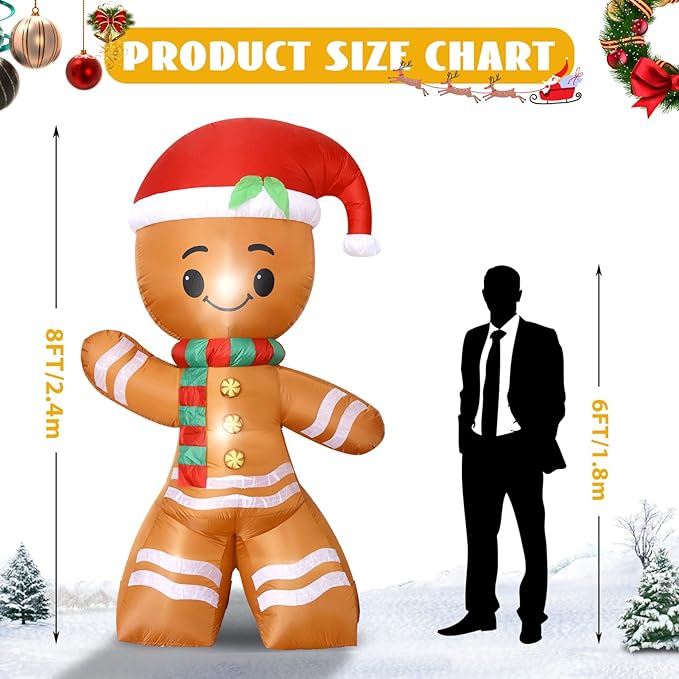 DearSun 8FT H Lovely Giant Christmas Inflatable Gingerbread Man with Build-in LED Lights, Blow up Christmas Inflatable Outdoor Indoor Decorations Large Party Yard Decoration
