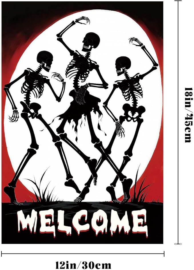 Halloween Skull Welcome Garden Flags 12 x 18 Inch Dancing Skeleton Flag Double Sided Gothic Outdoor House Yard Banner Farmhouse Holiday Outside Decoration Yard Flag