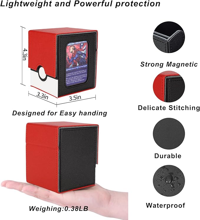 AFIING MTG Deck Box for Commander Display,Card Deck Case Fits 100 Double Sleeved Cards, Magic Commander TCG Card Storage Box with 2 Dividers,Dice Bag and 1 Toploader(Red Black)