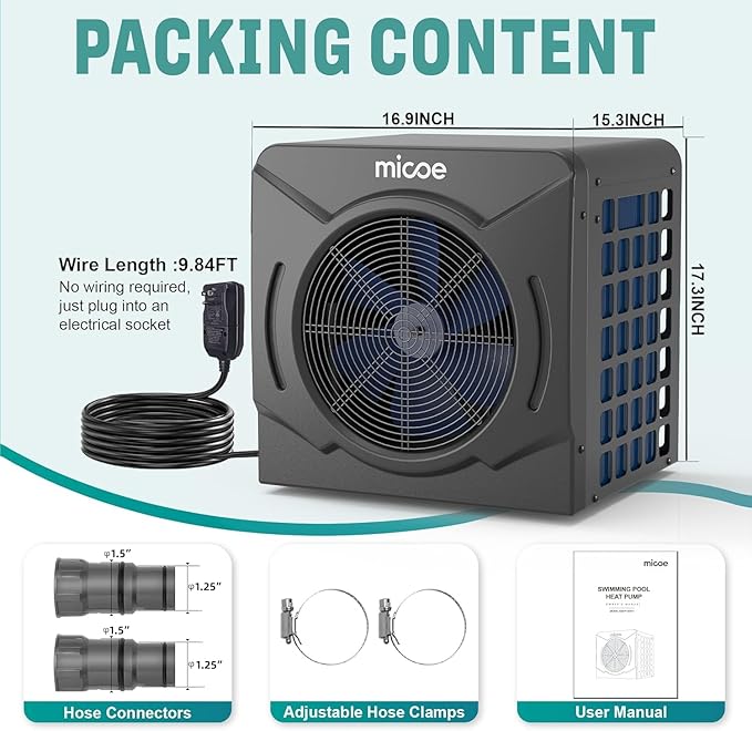 MICOE 17000 BTU Energy Efficient Electric Pool Heater - for Above Ground Pools Up to 15ft (8/11/15ft) & 5,000 Gallons, Ultra Quiet 50dB, 110V/120V with Easy Install Kit