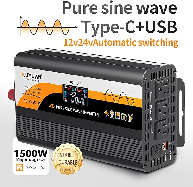 1500W Pure Sine Wave Inverter (3000W Peak), 12V/24V Auto-Detect, 50Hz/60Hz Switchable, LCD Display, Type-C Fast Charging, Silent Design, Overload & Overheat Protection for RV, Home (Black-1500W)