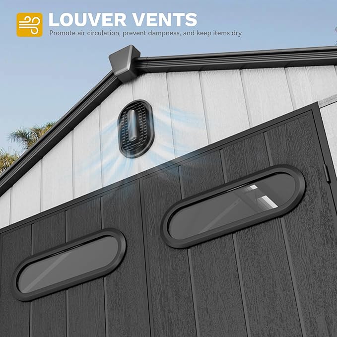 DWVO 8x10 FT Outdoor Storage Shed, 544 cuft Large Plastic Storage Shed with Floor & Lockable Door, Outside Tool Garden Shed with Windows & Vents for Patio Furniture, Lawn Mower, Bike, Black&Gray