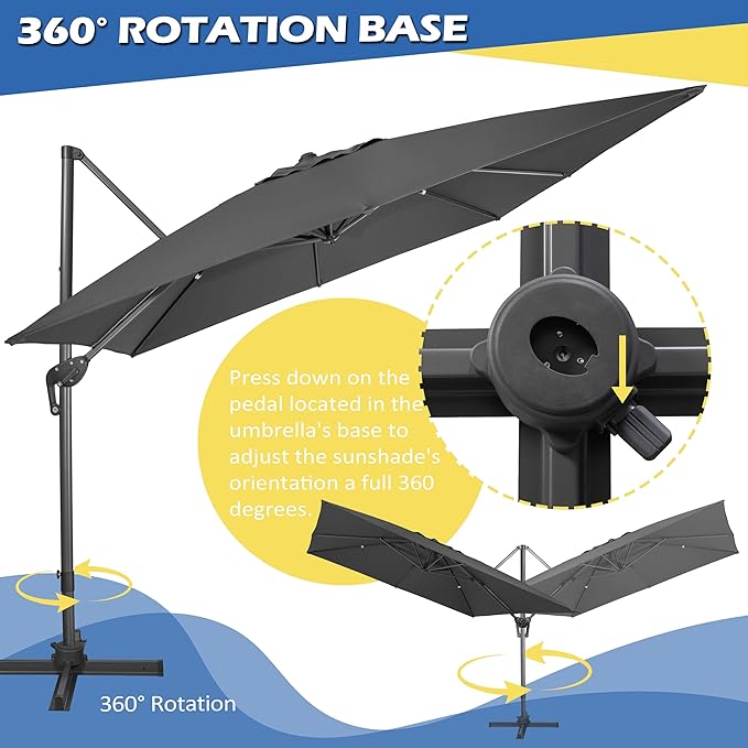 Sunnyglade 10x10Ft Cantilever Patio Umbrella Square 360° Rotation & Integrated Tilting System Offset Umbrella with 8 Sturdy Ribs, Fade-resistant & Waterproof for Garden Backyard Poolside Deck