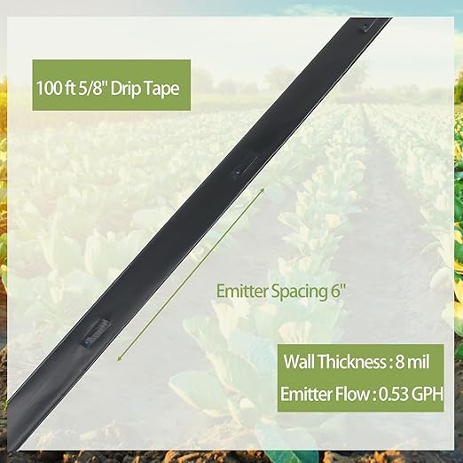 100 ft 5/8" Drip Tape Emitter Spacing 6" Irrigation Tape Drip Line Automatic Irrigation Equipment for Garden Irrigation Patio Wall Thickness : 8 mil Emitter Flow : 0.53 GPH Drip Tape Irrigation System