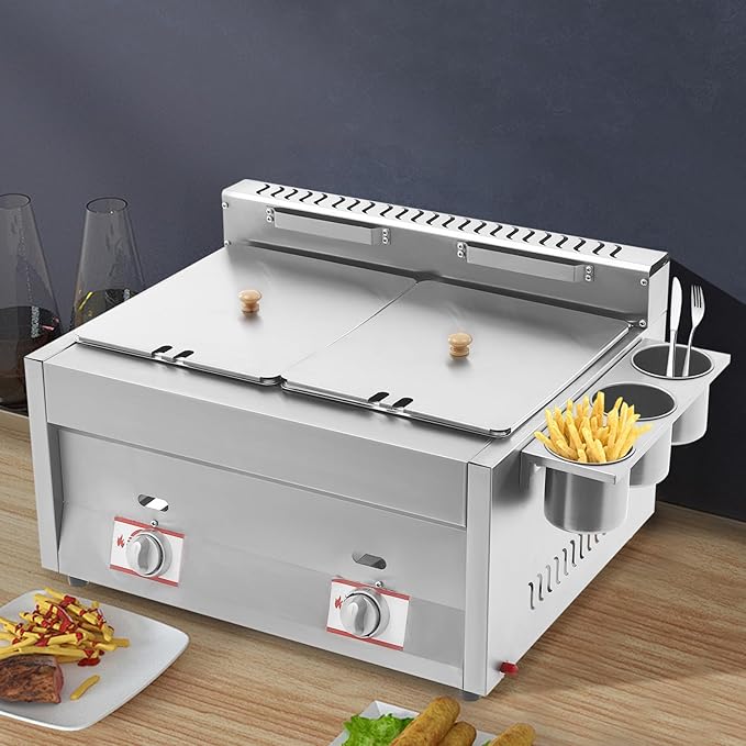LYNICESHOP Stainless Steel Countertop Gas Fryer, Commercial LPG Gas Deep Fryer with 2 Basket Propane LPG Oil Frying Pot Kitchen Frying Machine Snack Fryer For French Fries Restaurant Home Kitchen