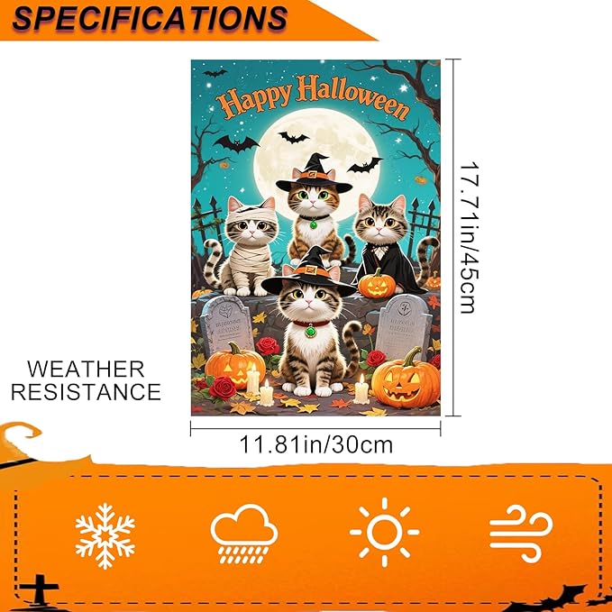 IVN Happy Halloween Garden Flag 12x18 Inch Double Sided Witch Cat Tombstone Bat Pumpkin Moon Outdoor Yard Flag for Outside Front Door Lawn Porch Patio Welcome Decor