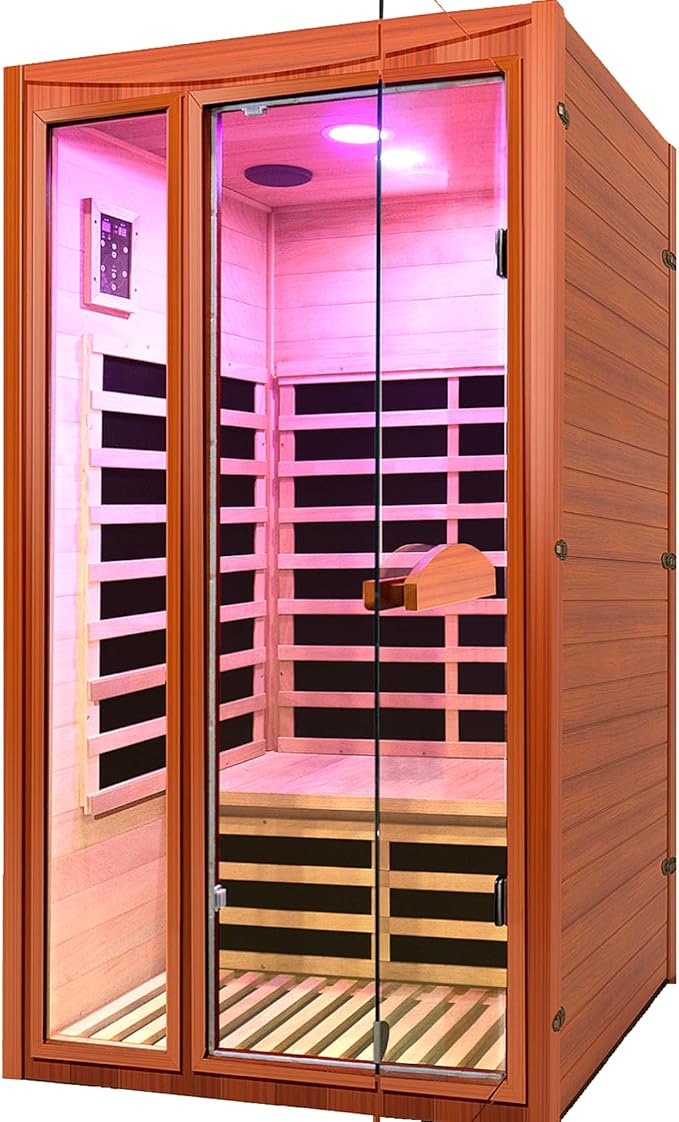 1-2 Person Home Sauna Low EMF Far Infrared Sauna with Red Light Bluetooth Speakers Indoor Dry Sauna 1550W 110V 39.37"x35.43"x74.8"