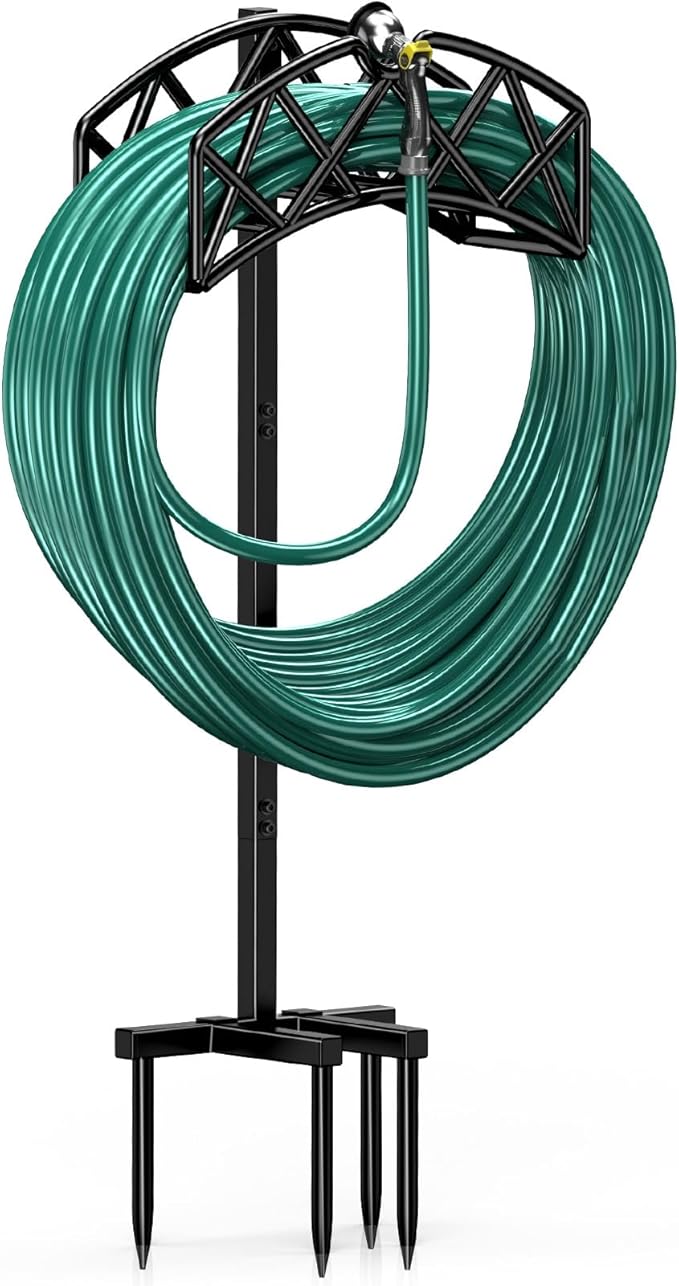 Garden Hose Holder Detachable Heavy Duty Metal Water Hose Hanger, Freestanding Hose Storage Stand Rack for Outside (Black)