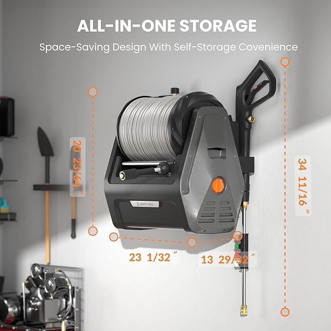 Giraffe Tools Grandfalls Retractable Pressure Washer Plus, Electric Wall Mount Pressure Washer with 100FT Ultra-Soft Pressure Hoses, 2900PSI, 2.2GPM, 4 Nozzles, Foam Cannon, Dark Silver