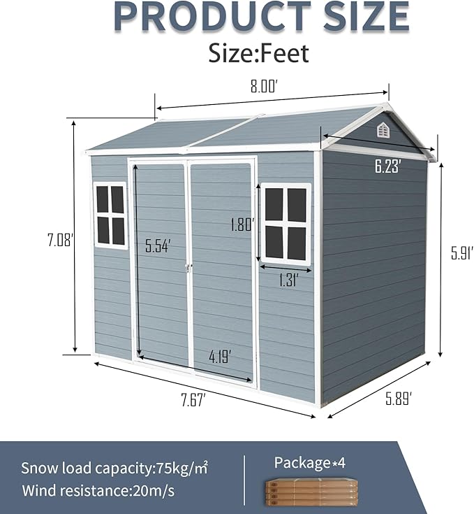 6x8ft Resin Outdoor Storage Shed with Floor, Two Windows & Lockable Door – Durable Weather-Shed for Backyard, Patio, Garage (Grey) (1 Doors)