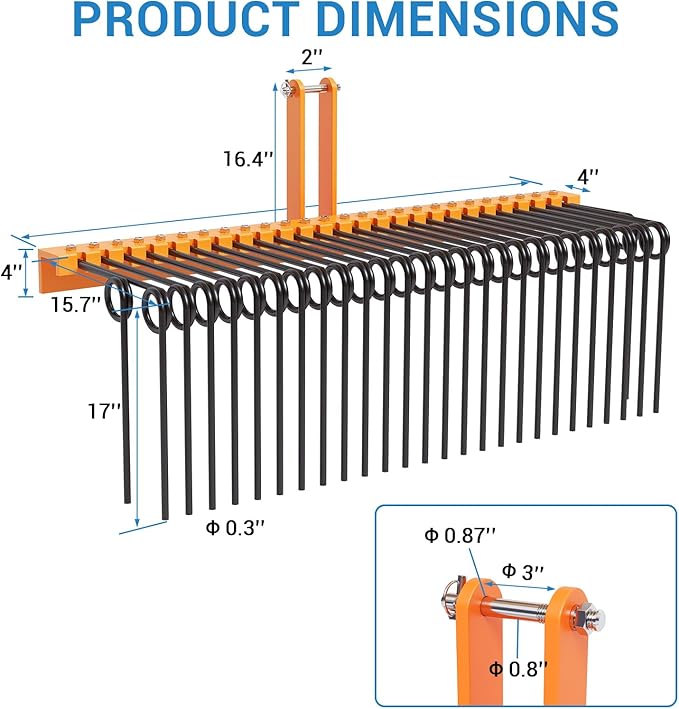 72" Durable Powder Coated, Steel Pine Grass Rake, Steel Spring Landscape Rake, Cat 0 Cat 1 Attaches to Tractor, 3-Point Hitch, Black + Orange