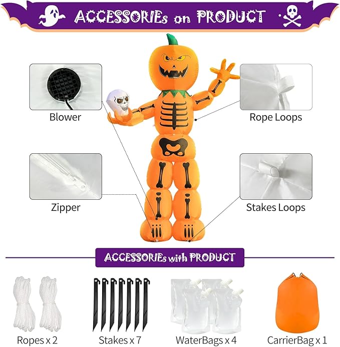 DomKom Halloween Inflatable Blow Up Decorations, 8FT Giant Skeleton Stacked Pumpkin Man Holding Skull, Built-in LEDs for Holiday Party, Garden, Lawn, Yard, Patio Décor