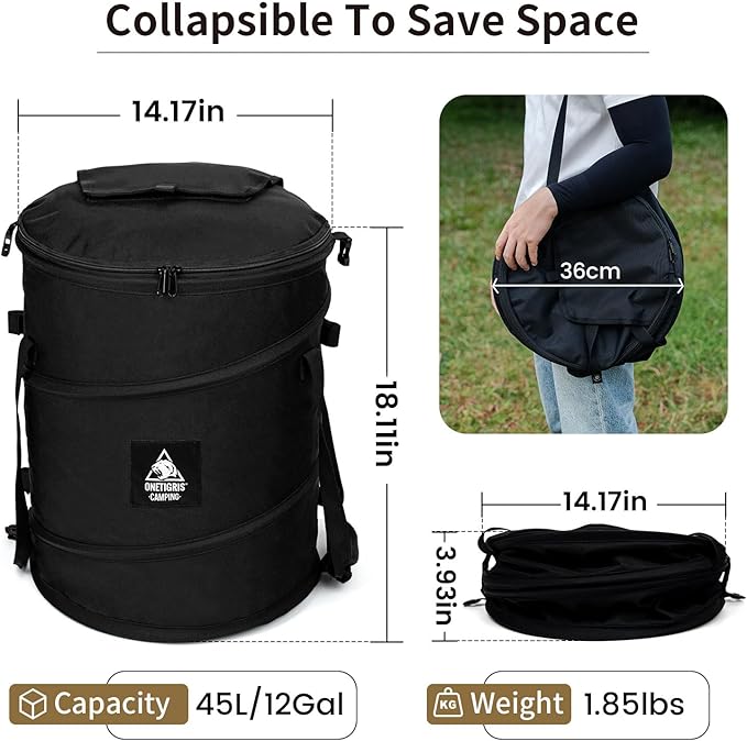 ONETIGRIS Collapsible Trash Can for Camping,12 Gallon Pop up Trash Can with Sorting Clips, Outdoor Collapsible Bin with Lid 600d Oxford Cloth Yard Waste Bags Garden Bag for Camping,Recycling,RV