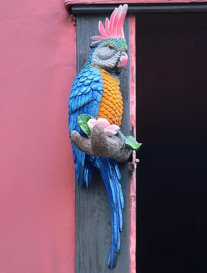 Coolboy Parrot Figurine, Outdoor Resin Bird Decoration, Flapping Macaw Bird Tropical Decor Wall Sculpture, Polyresin, Blue