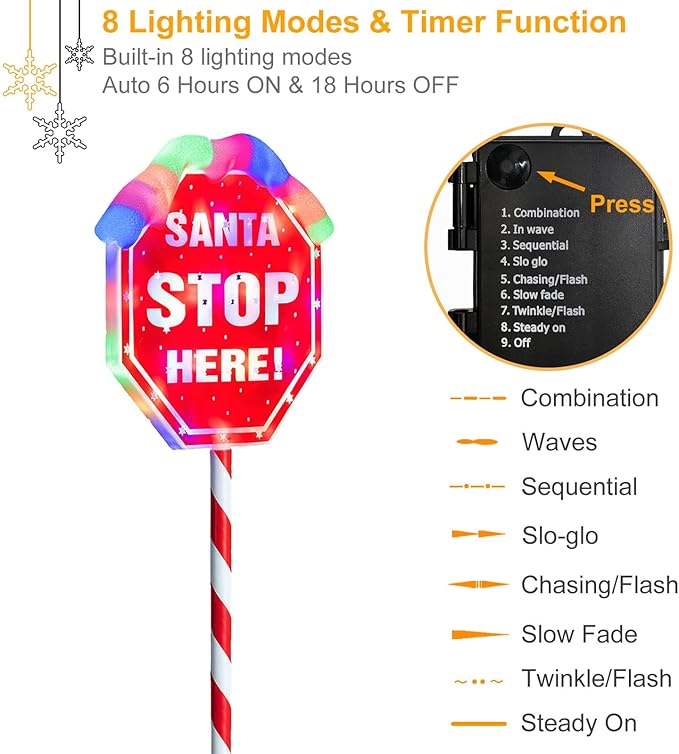 Christmas Santa Stop Here Lights 40-inch Pre-lit Christmas Yard Decorations with 30 Multi-color LEDs Battery Operated 8 Lighting Modes for Xmas Lawn Patio