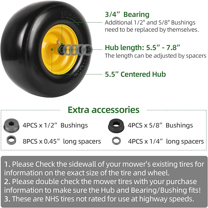 AR-PRO (2-Pack) 13x6.50-6 Flat Free Tire and Wheel, Replacement Solid Smooth Tires for Zero Turn Riding Lawn Mower Front Wheels, 5.5"-7.8" Centered Hub, 3/4" Bearings extra 5/8" & 1/2" Bushings