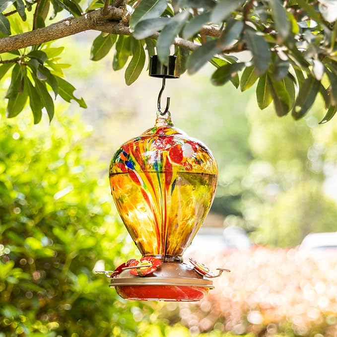 2 Packs Hummingbird Feeder for Outdoors Hanging Ant and Bee Proof, 34OZ 32OZ Hand Blown Glass Hummingbird Feeders for Outside (Yellow & Teal)