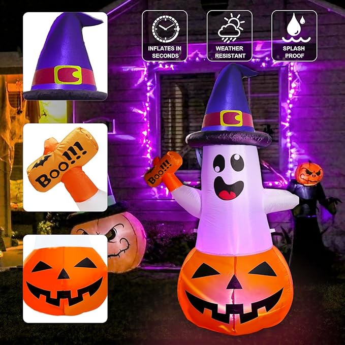 5FT Halloween Inflatables Decorations Outdoor Pumpkin Ghost with Multi-Color Flashing Build-in LED Blow Up Yard Decor Inflatables Clearance for Halloween Party Indoor Outdoor Yard Garden Lawn