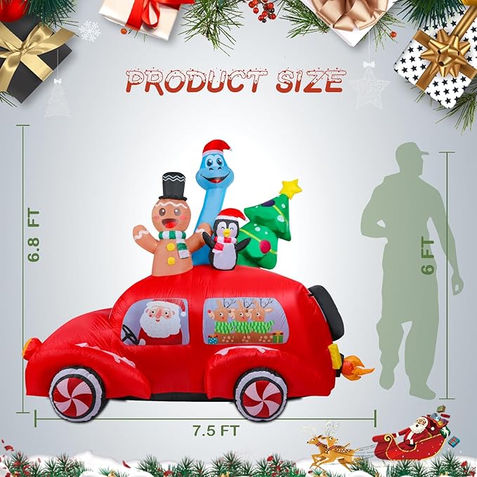 7.5 FT Long Christmas Inflatables Gingerbread Man Penguin Dinosaur with Xmas Tree and Santa Outdoor Decorations, Inflatables Car Blow up with Built-in LED Lights for Party Lawn Outdoor Yard